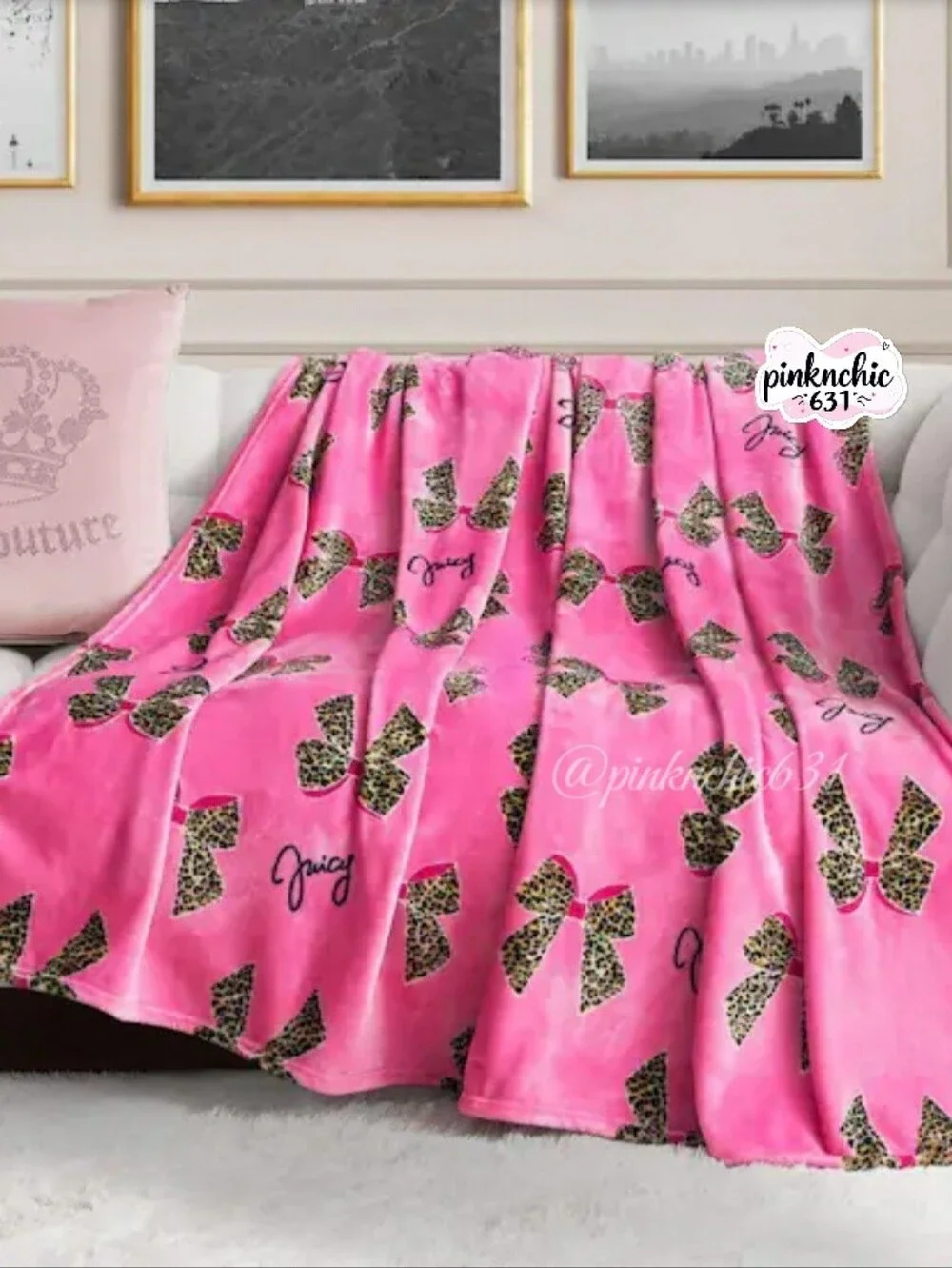 Juicy Couture Hot Pink Leopard Print Coquette Bow Plush Throw Blanket